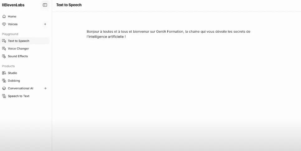 Interface Eleven Labs pour générateur de voix