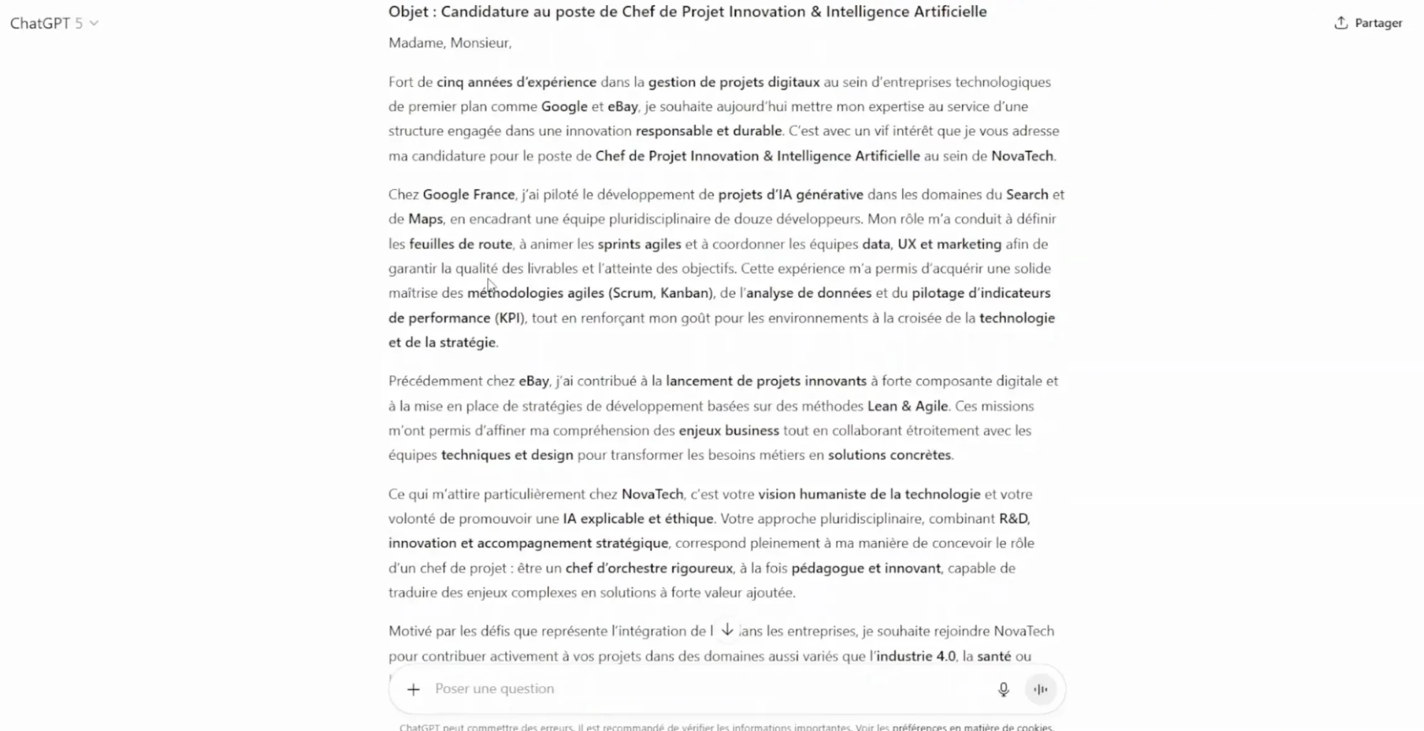lettre de motivation obtenu par Gaël avec ChatGPT